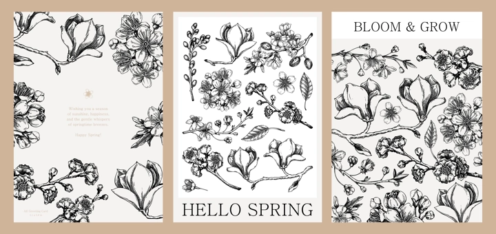 Spring design set, engraved style. Blooming trees hand-drawn vector illustration. Floral frame, book cover, poster design, greeting card. NOT AI generated